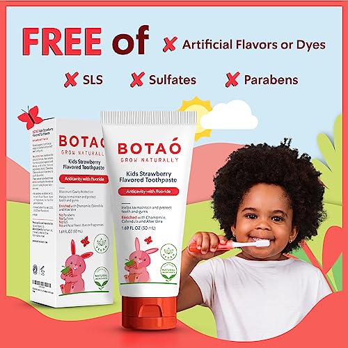 Botao Kids Natural Strawberry Flavored Anticavity Fluoride Toothpaste Maximum Cavity Protection Cleans Children’s Teeth Protects Gums Chamomile Aloe Vera Calendula Xylitol for Ages 2 and Up - Image 2