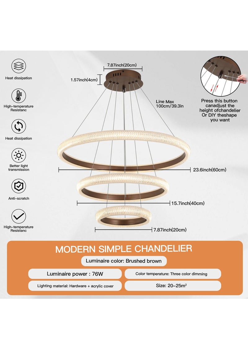 YATAI LIGHTING LED Modern Chandelierc Double Rings Remote Control Brown LED Chandelier Living Room 76W,LED Chandelier Lighting Height Adjustable and DIY Chandelier Light Fixture for Living Room Bedroom Foyer  - Image 4