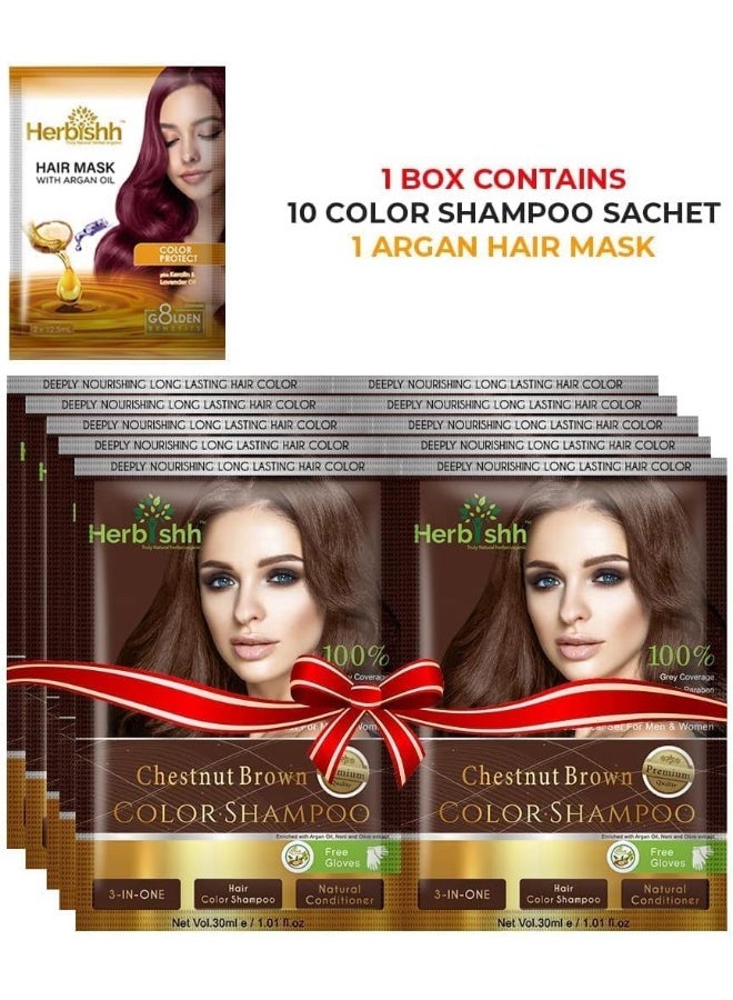 Herbishh Hair Color Shampoo For Gray Hair Dye Shampoo With Argan Hair Mask Travel Size-Colors Hair In Minutes Long Lasting Colour 30 ml x 10Pack Ammonia-Free (Chestnut Brown) - Image 4