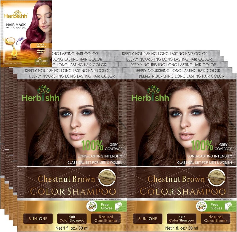 Herbishh Hair Color Shampoo For Gray Hair Dye Shampoo With Argan Hair Mask Travel Size-Colors Hair In Minutes Long Lasting Colour 30 ml x 10Pack Ammonia-Free (Chestnut Brown) - Image 1