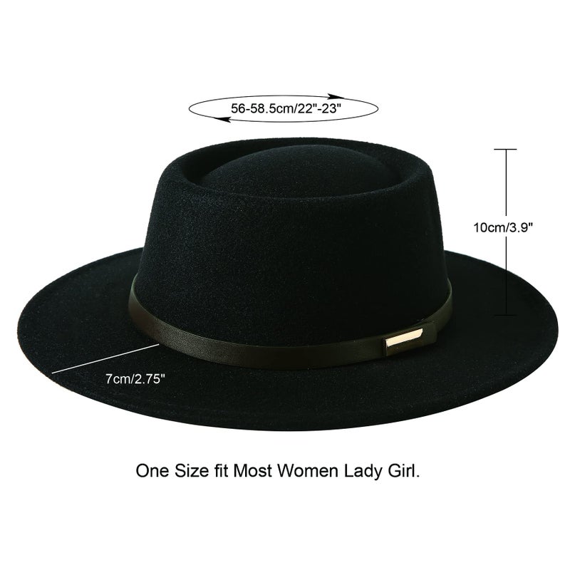 Lanzom Women Vintage Wide Brim Warm Wool Fedora Hat Belt Panama Hat Felt Jazz Hat (A-Black, Medium) - Image 2
