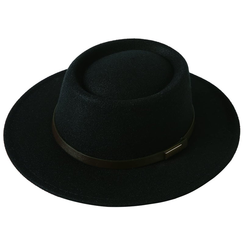 Lanzom Women Vintage Wide Brim Warm Wool Fedora Hat Belt Panama Hat Felt Jazz Hat (A-Black, Medium) - Image 1