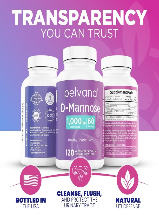 Pelvana D-Mannose 120 Capsules (500mg Each – 1000mg per Serving – Assists & Maintains Healthy Urinary Tract, Flushes Impurities, Pure Ingredients, Gluten-Free – Third-Party Lab Tested, Made in USA - Image 5
