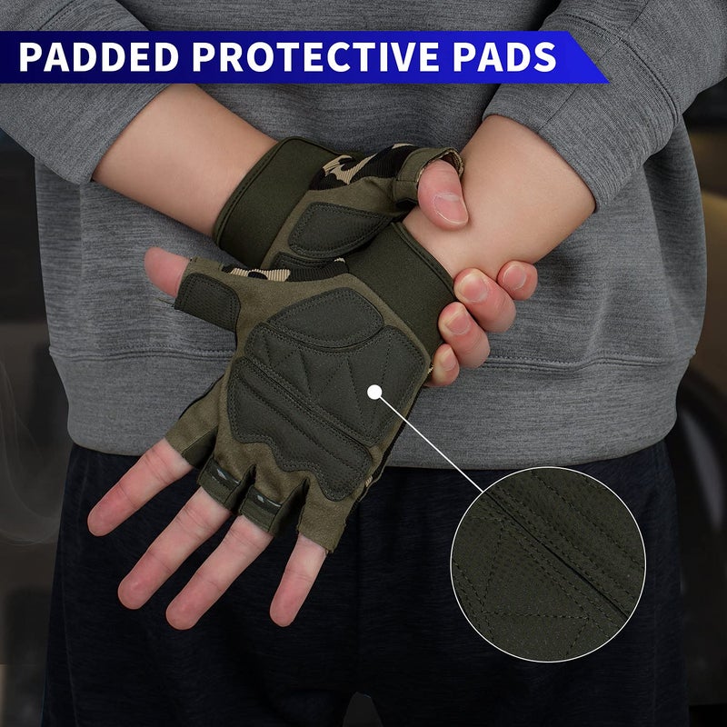 FIORETTO Fingerless Gloves for Airsoft Shooting Half Finger Hunting Hiking Cycling Driving Motorcycle Climbing Work Gloves 2 Pairs(Black+Green Camo) Large - Image 5