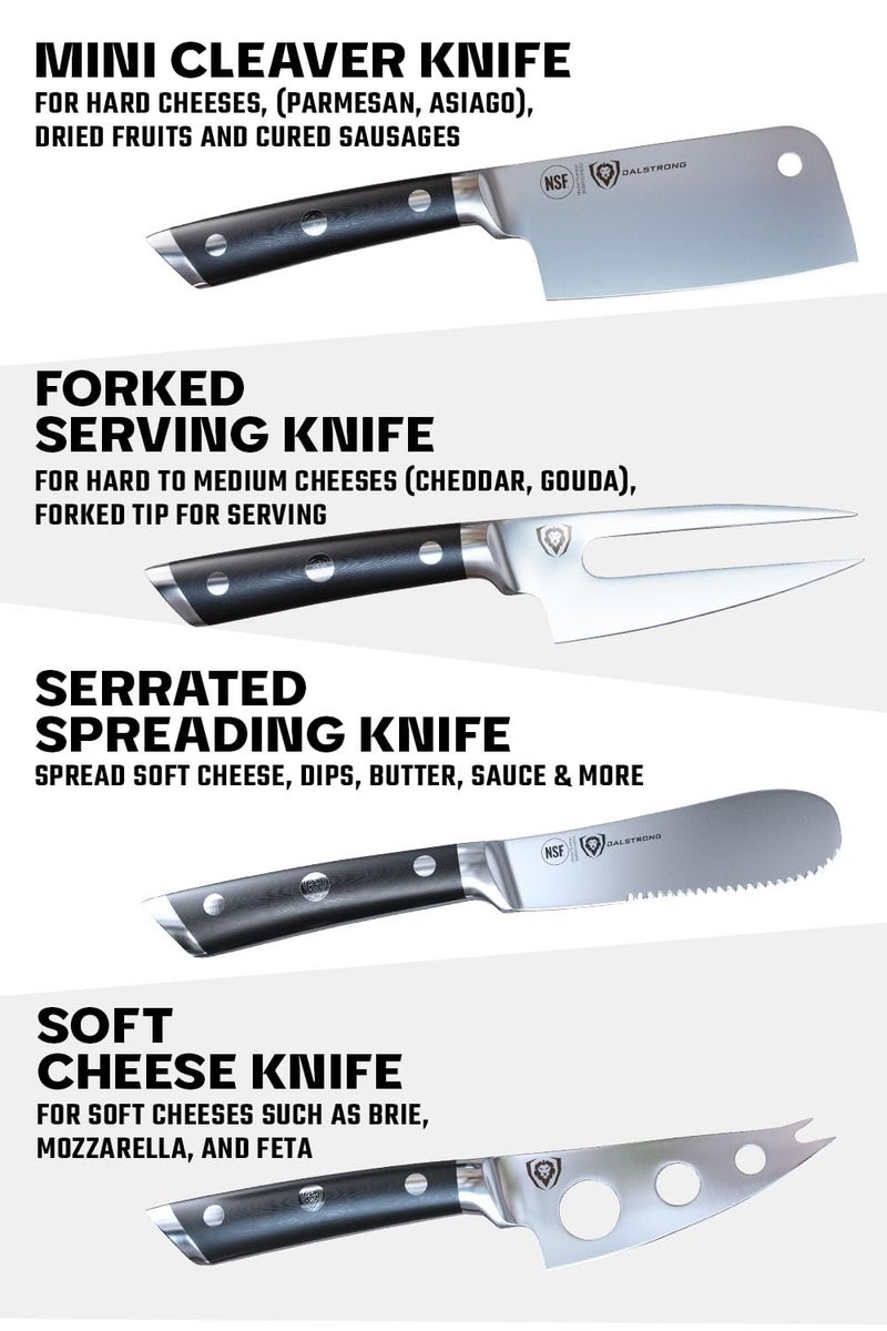Dalstrong Dalstrong Charcuterie & Cheese Knife Set-4pc-Gladiator Series Elite-Mini Cleaver, Serrated,Round-Tip,Forked Cheese Knives Set-G10 Handle-Soft & Hard Cheese-Sheath-NSF Certified  - Image 4