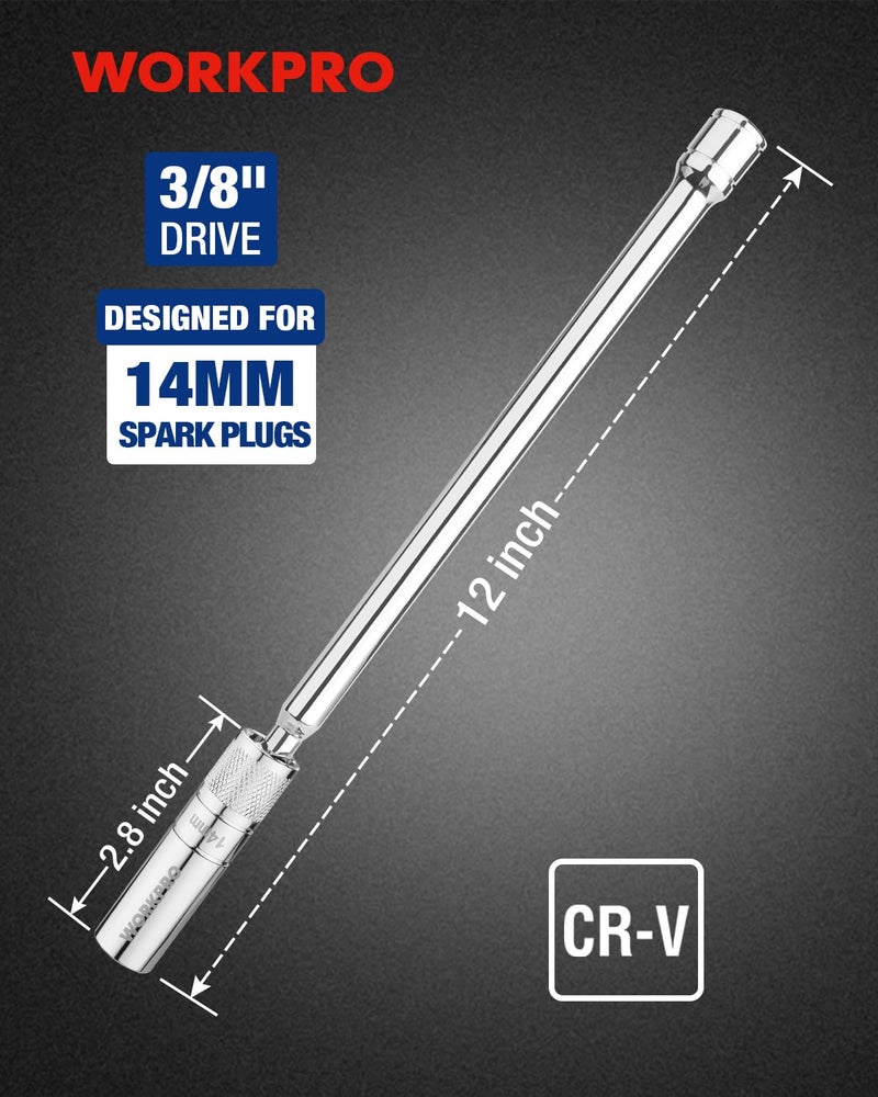 WORKPRO 14 mm Magnetic Spark Plug Socket with Magnetic Design, Swivel Thin Wall Spark Plug Socket, 3/8" Drive x 12" Total Length, 360 Degree Swivel, 12 Point - Image 2