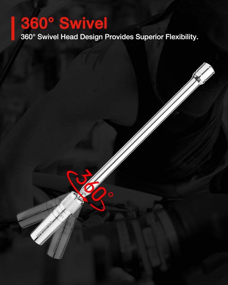 WORKPRO 14 mm Magnetic Spark Plug Socket with Magnetic Design, Swivel Thin Wall Spark Plug Socket, 3/8" Drive x 12" Total Length, 360 Degree Swivel, 12 Point - Image 4