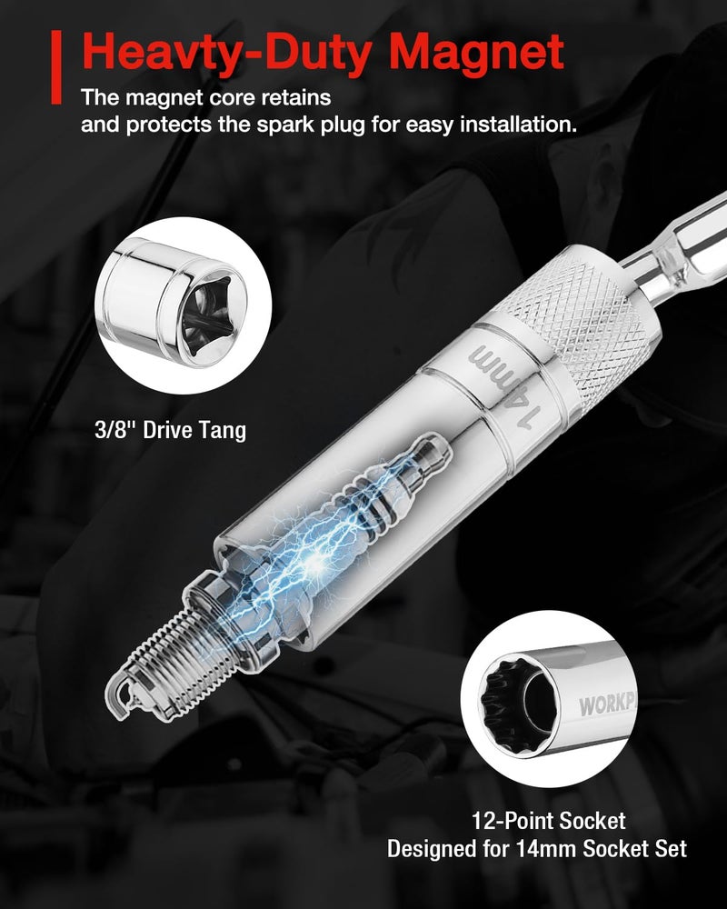 WORKPRO 14 mm Magnetic Spark Plug Socket with Magnetic Design, Swivel Thin Wall Spark Plug Socket, 3/8" Drive x 12" Total Length, 360 Degree Swivel, 12 Point - Image 5