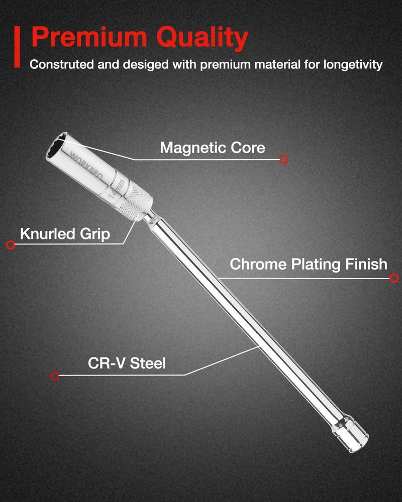 WORKPRO 14 mm Magnetic Spark Plug Socket with Magnetic Design, Swivel Thin Wall Spark Plug Socket, 3/8" Drive x 12" Total Length, 360 Degree Swivel, 12 Point - Image 3