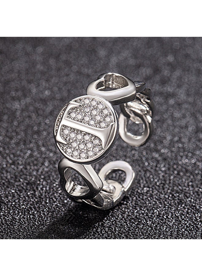 New Light Luxury Copper Inlaid Zircon 18k Real Gold Heart Smooth Letter Adjustable Ring Versatile Personality Ring