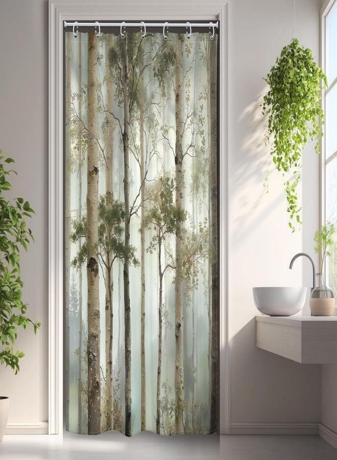 Cinbloo Small Stall Misty Tree 36Wx72H Shower Curtain Rustic Nature Birch Tree Green Foggy Scenery Landscape Greenery Plant Botanical Bathroom Curtain Set Modern Bath Bathroom Accessories Decor - Image 1