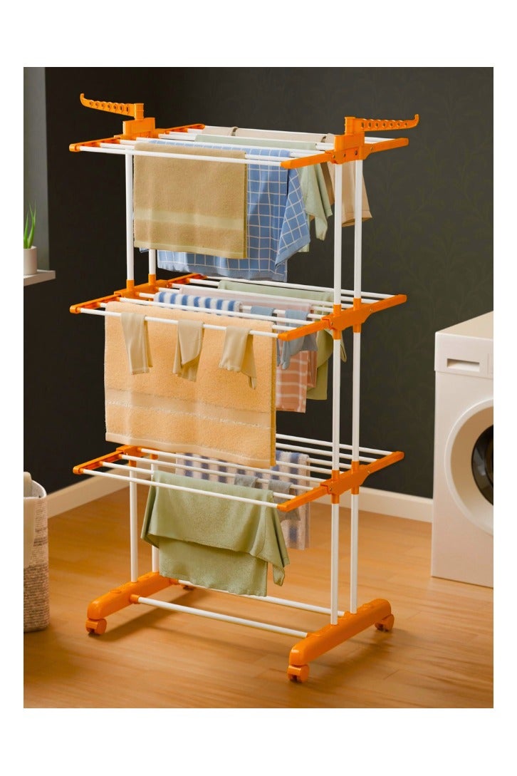 تشيس اب حامل تجفيف الملابس الفاخر ذو الدعم المزدوج المكون من ثلاث طبقات مع عجلات كسر، برنس جامبو (برتقالي) - Image 1