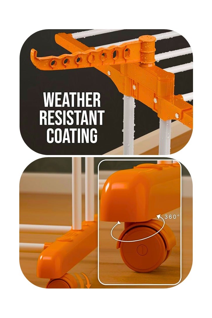 تشيس اب حامل تجفيف الملابس الفاخر ذو الدعم المزدوج المكون من ثلاث طبقات مع عجلات كسر، برنس جامبو (برتقالي) - Image 3