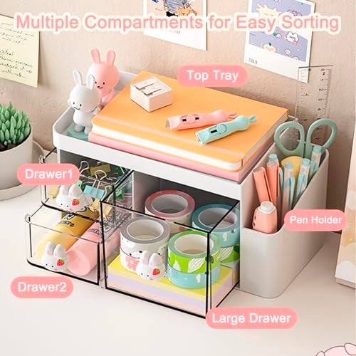 SAYEEC Desk Organizer with 3 Drawers and Pencil Pen holder, Multi-Functional Desktop Makeup Stationery Accessories Organizer, Desk Organization Storage Box Caddy for Office School Home Vanity Table - Image 3