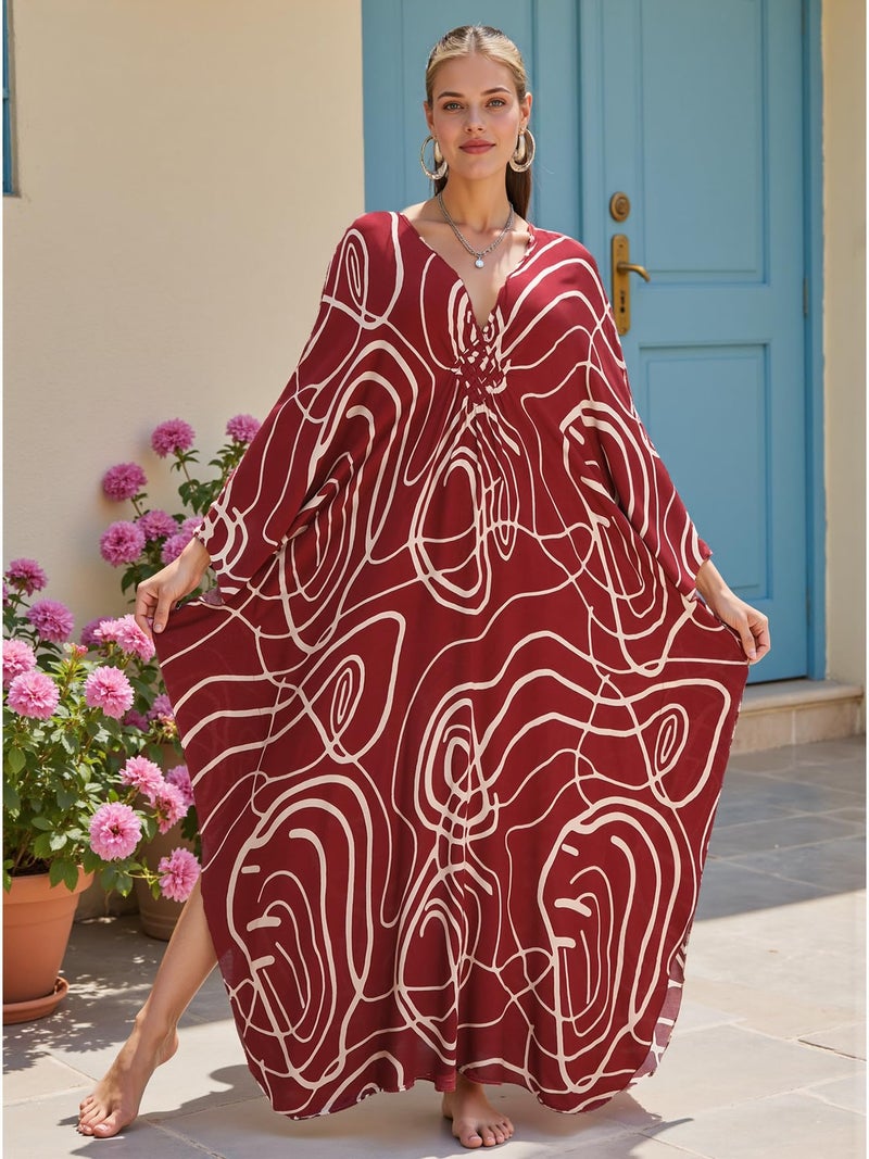 KECVOT Plus Size Women's Kaftan V-Neck Summer Maxi Swimsuit Coverup Moo Moos Beach Dress - Image 2
