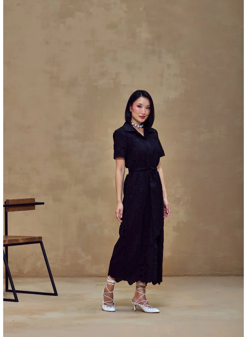 أشيتا فرنانديز Textured Cotton Midi Shirt Dress – Black