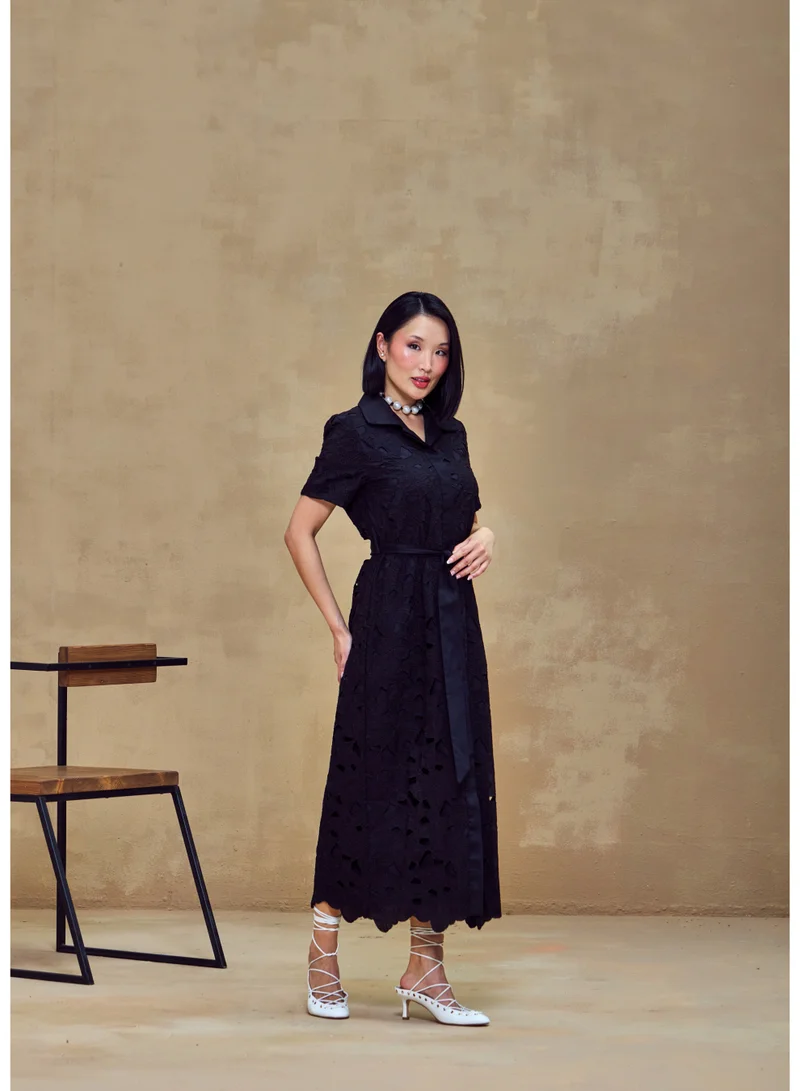 أشيتا فرنانديز Textured Cotton Midi Shirt Dress – Black