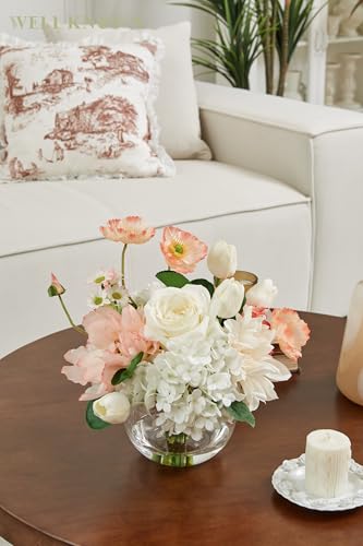 WELL KNOWN Artificial Flowers in Vase for Seasonal Decor, Mixed White Tulips & Pink Silk Fake Flowers Bouquet Arrangements in Glass Vase with Fake Water for Spring Home Office Hotel Wedding Party Table Decor - Image 2