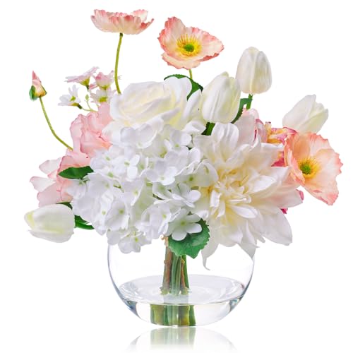 WELL KNOWN Artificial Flowers in Vase for Seasonal Decor, Mixed White Tulips & Pink Silk Fake Flowers Bouquet Arrangements in Glass Vase with Fake Water for Spring Home Office Hotel Wedding Party Table Decor - Image 1