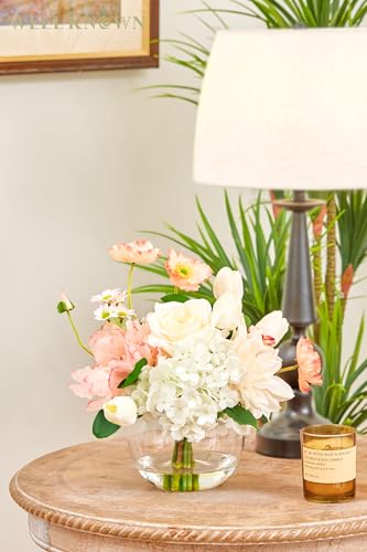WELL KNOWN Artificial Flowers in Vase for Seasonal Decor, Mixed White Tulips & Pink Silk Fake Flowers Bouquet Arrangements in Glass Vase with Fake Water for Spring Home Office Hotel Wedding Party Table Decor - Image 3