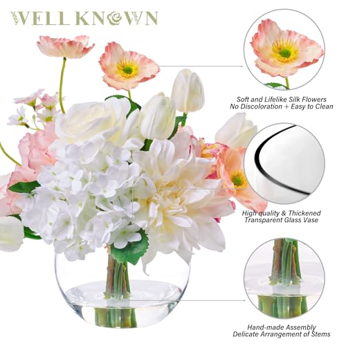 WELL KNOWN Artificial Flowers in Vase for Seasonal Decor, Mixed White Tulips & Pink Silk Fake Flowers Bouquet Arrangements in Glass Vase with Fake Water for Spring Home Office Hotel Wedding Party Table Decor - Image 4