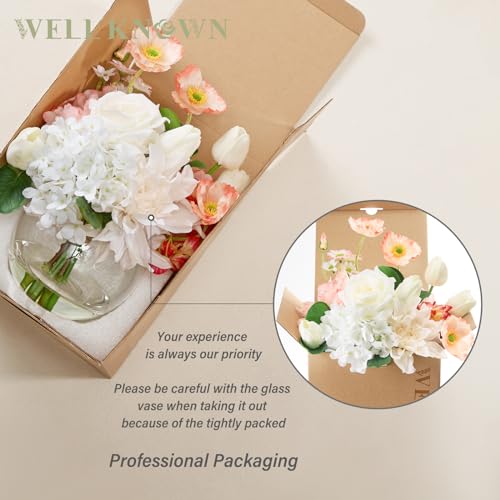 WELL KNOWN Artificial Flowers in Vase for Seasonal Decor, Mixed White Tulips & Pink Silk Fake Flowers Bouquet Arrangements in Glass Vase with Fake Water for Spring Home Office Hotel Wedding Party Table Decor - Image 5