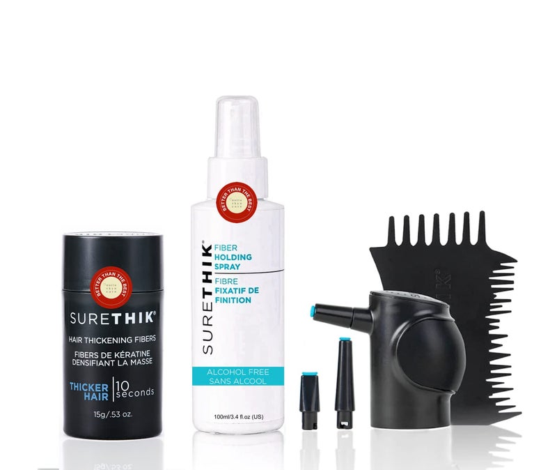 SureThik Hair Thickening Fibers 15g with Fiber Holding Spray 100ml and Applicator & Hairline Comb (Dark Brown) - Image 1