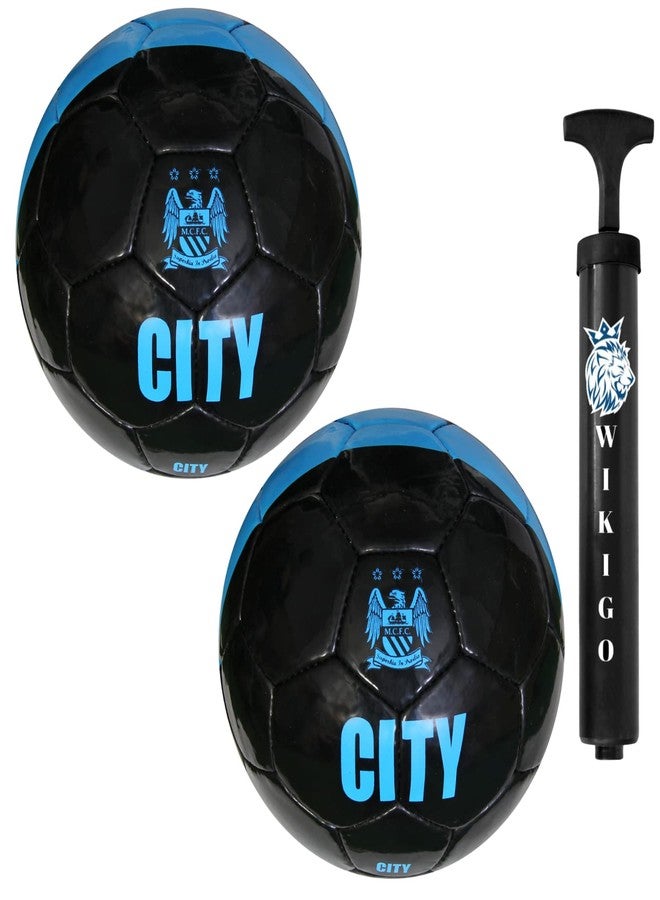 WIKIGO Pack of 2 Premium Man City Black Football with Air Pump | Water Resistant Best for Wet, Muddy and Grass Surface | Football for Training & Match Practice Outdoor Soccer Ball Rubber Size-5 | - Image 1