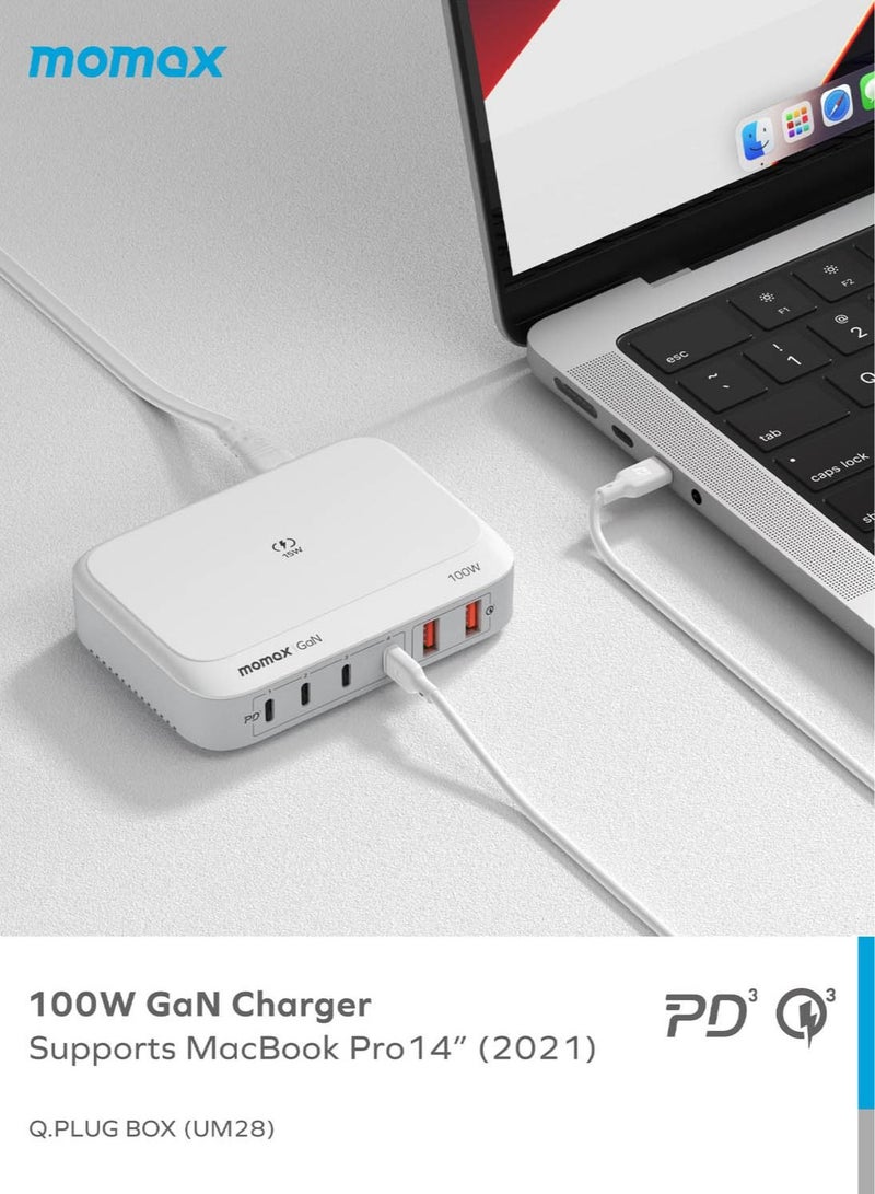Momax Q.PLUG BOX GaN 100W 6 منافذ USB-C PD & USB-A QC3.0 / [15W] شاحن لاسلكي عالمي - أبيض - Image 2