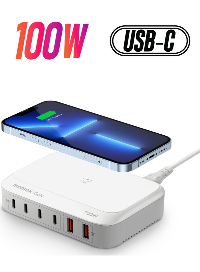 Momax Q.PLUG BOX GaN 100W 6 منافذ USB-C PD & USB-A QC3.0 / [15W] شاحن لاسلكي عالمي - أبيض - Image 1