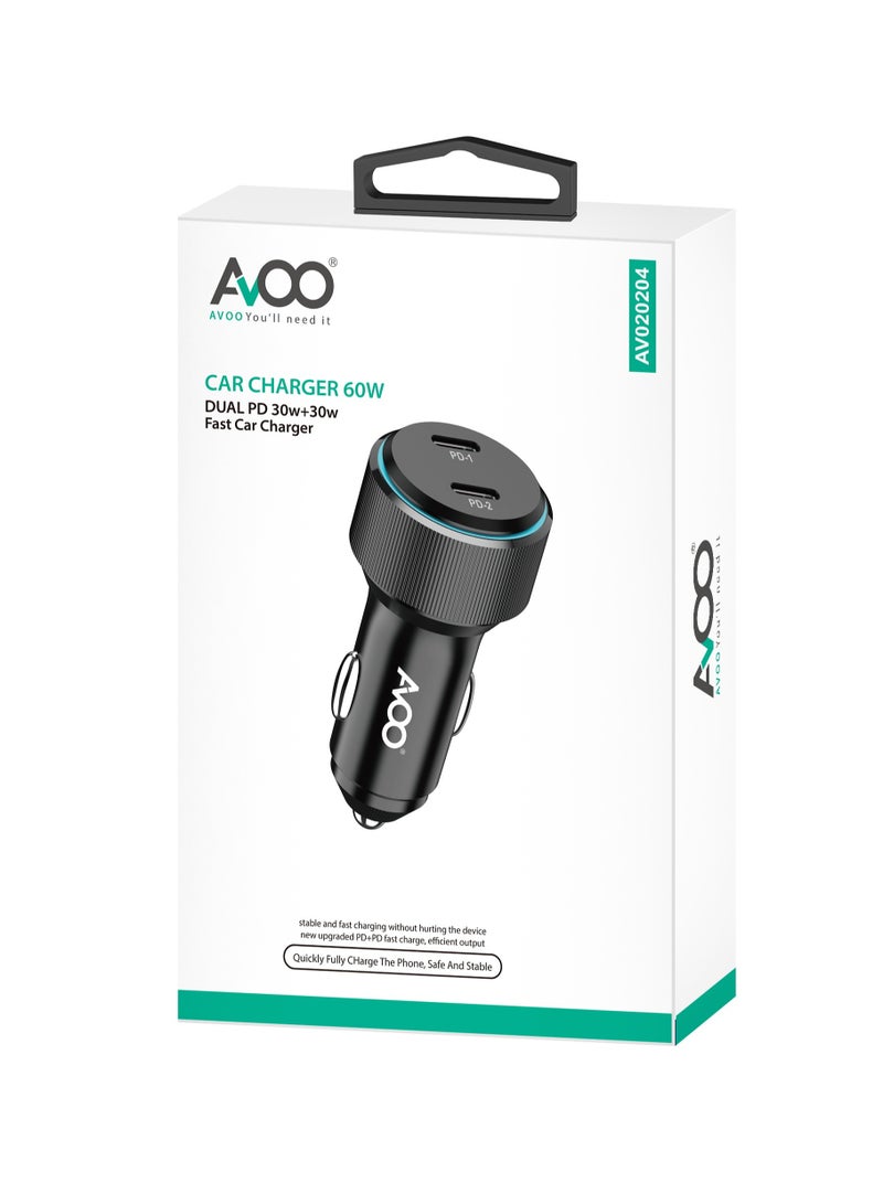 AVOO 60W Dual USB Type-C Car Charger for iPhone 16 Pro/16 Pro Max/16/15/14/13/12, Galaxy S24/S23/22/21, iPod 6/Air 5 - Image 1