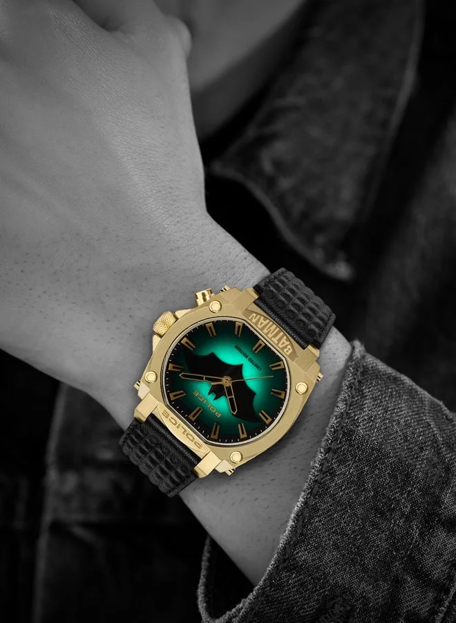 POLICE Forever Batman 45mm Limited Edition Black Genuine Leather Strap With Gold Plated Case Men's Watch