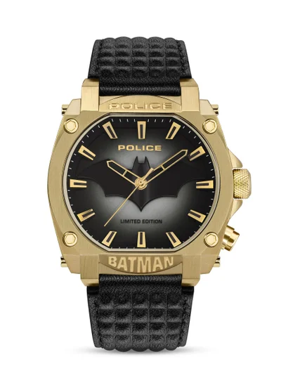 POLICE Forever Batman 45mm Limited Edition Black Genuine Leather Strap With Gold Plated Case Men's Watch