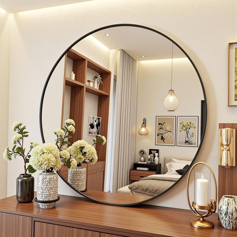 Antok 24 Inch Round Mirror for Wall, Round Bathroom Mirror, Circle Wall Mirrors with Black Metal Frame, Circle Mirrors Suitable for Wall, Bathroom, Vanity, Living Room, Entryway - Image 3