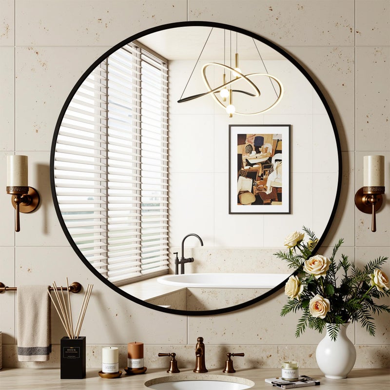 Antok 24 Inch Round Mirror for Wall, Round Bathroom Mirror, Circle Wall Mirrors with Black Metal Frame, Circle Mirrors Suitable for Wall, Bathroom, Vanity, Living Room, Entryway - Image 2