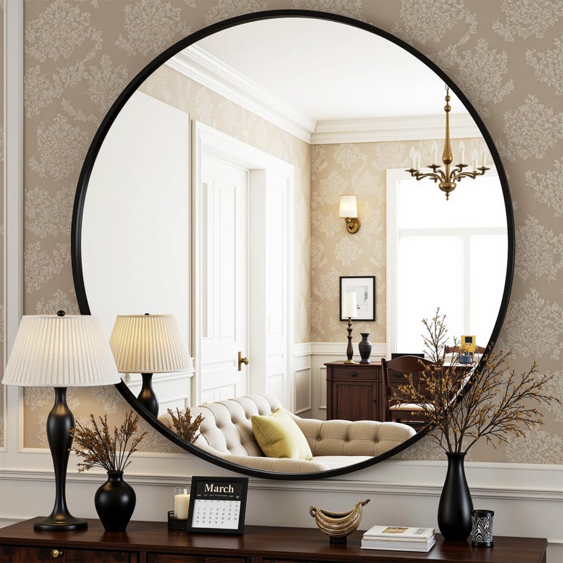 Antok 24 Inch Round Mirror for Wall, Round Bathroom Mirror, Circle Wall Mirrors with Black Metal Frame, Circle Mirrors Suitable for Wall, Bathroom, Vanity, Living Room, Entryway - Image 1