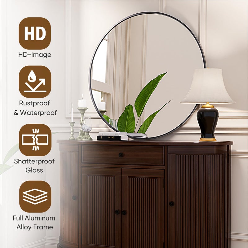 Antok 24 Inch Round Mirror for Wall, Round Bathroom Mirror, Circle Wall Mirrors with Black Metal Frame, Circle Mirrors Suitable for Wall, Bathroom, Vanity, Living Room, Entryway - Image 5