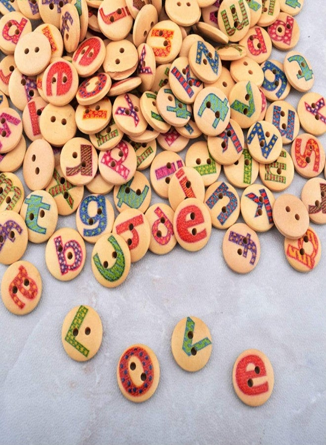 AKOAK 100 Pack 15MM 2-Hole Mixed Round Shaped Alphabet Painted Wooden Buttons Wood Sewing Buttons DIY Scrapbooking Clothe Buttons(Bottom Colour:Log Color) - Image 1