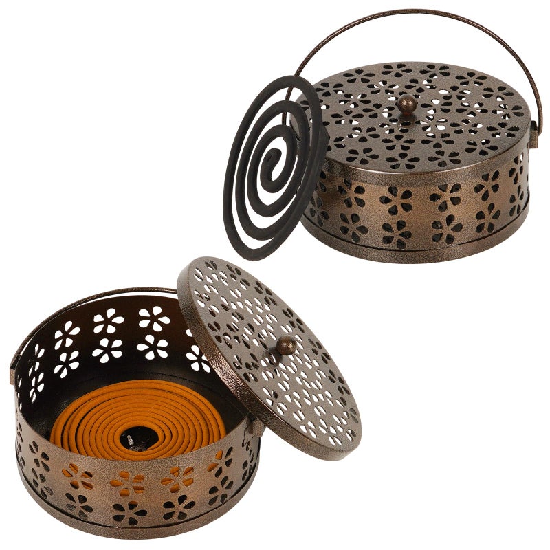 Whiidoom Portable Iron Mosquito Coil Holder with Handle Round HeatResistant Incense Holder 2 Pack Bronze