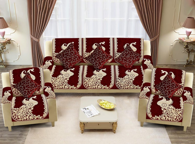 Dazzling DECOR Velvet Sofa Cover with Arm and Cushion Covers Set of 5 Seater-Sofa Covers 3 Seater and 2 Seater Full Set for Couch Seat - Heavy Fabric Slip, 2923_Maroon - Image 1