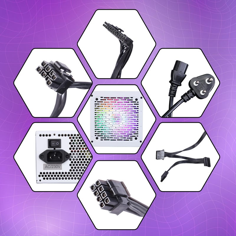 ZEBRONICS مزود الطاقة المتميز VS600Z بقوة 600 واط مع مروحة RGB صامتة 120 مم، كابلات مسطحة طويلة، PCIe x 1، SATA x 4، 12V 36A (حد أقصى)، حماية من زيادة الجهد/زيادة التيار/الدوائر القصيرة (أبيض) - Image 5