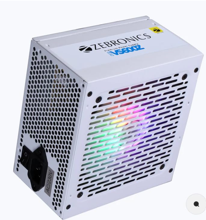 ZEBRONICS مزود الطاقة المتميز VS600Z بقوة 600 واط مع مروحة RGB صامتة 120 مم، كابلات مسطحة طويلة، PCIe x 1، SATA x 4، 12V 36A (حد أقصى)، حماية من زيادة الجهد/زيادة التيار/الدوائر القصيرة (أبيض) - Image 1