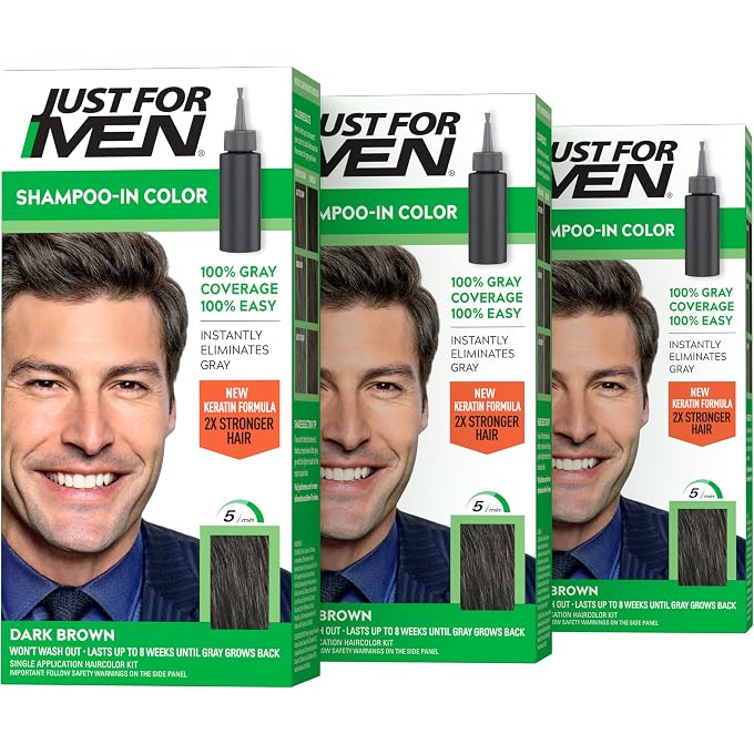 Just For Men Shampoo-In Color (Formerly Original Formula), Mens Hair Color with Keratin and Vitamin E for Stronger Hair Dark Brown, H-45, Pack of 3 - Image 1