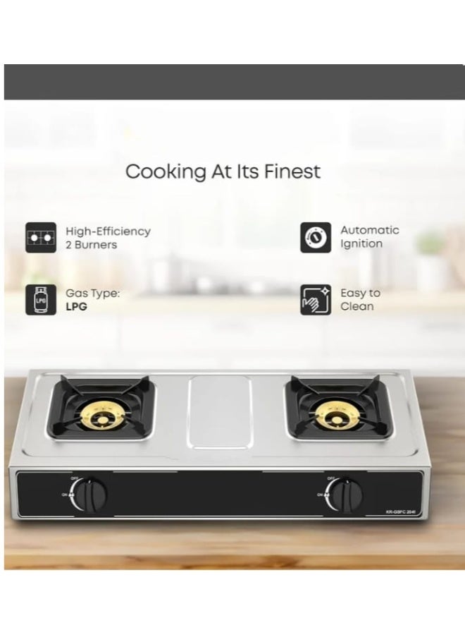 موقد غاز مزدوج بكفاءة عالية من الستانلس ستيل بقدحَي طبخ – إشعال تلقائي، صمام أمان، سطح سهل التنظيف، تصميم أنيق 71×39×14 سم – يعمل بالغاز LPG - Image 5