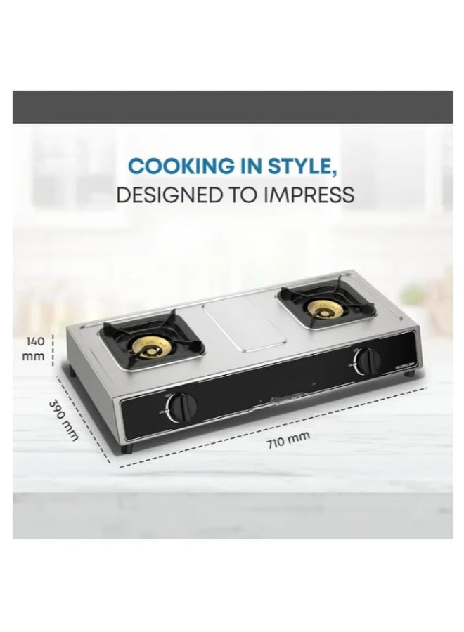 موقد غاز مزدوج بكفاءة عالية من الستانلس ستيل بقدحَي طبخ – إشعال تلقائي، صمام أمان، سطح سهل التنظيف، تصميم أنيق 71×39×14 سم – يعمل بالغاز LPG - Image 4