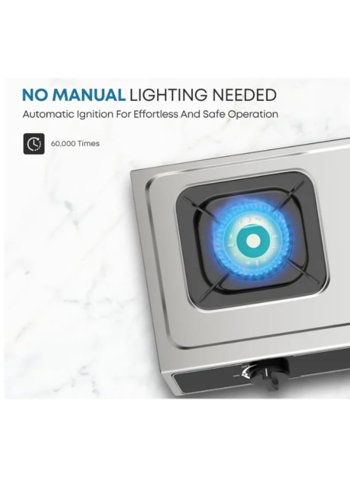 موقد غاز مزدوج بكفاءة عالية من الستانلس ستيل بقدحَي طبخ – إشعال تلقائي، صمام أمان، سطح سهل التنظيف، تصميم أنيق 71×39×14 سم – يعمل بالغاز LPG - Image 3