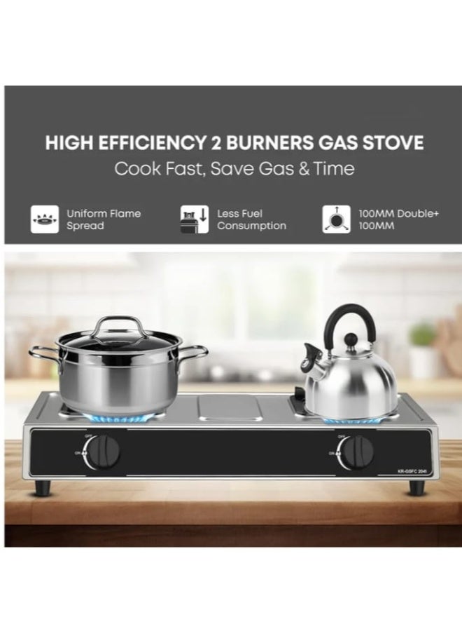 موقد غاز مزدوج بكفاءة عالية من الستانلس ستيل بقدحَي طبخ – إشعال تلقائي، صمام أمان، سطح سهل التنظيف، تصميم أنيق 71×39×14 سم – يعمل بالغاز LPG - Image 2