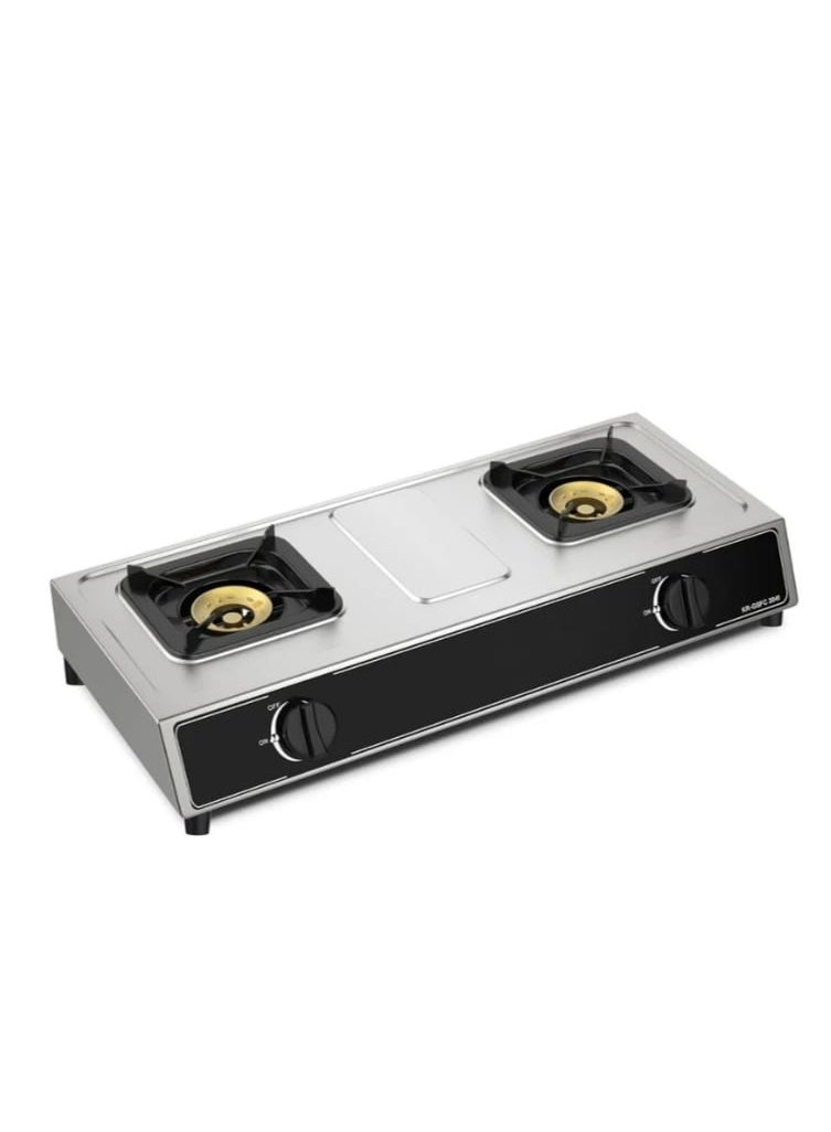 موقد غاز مزدوج بكفاءة عالية من الستانلس ستيل بقدحَي طبخ – إشعال تلقائي، صمام أمان، سطح سهل التنظيف، تصميم أنيق 71×39×14 سم – يعمل بالغاز LPG - Image 1