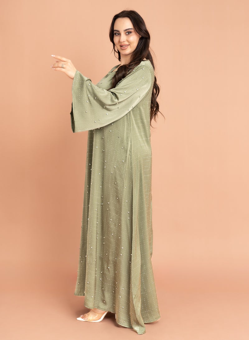 اكسا جلابية فخمة تطريز كرستال اخضر - Image 3