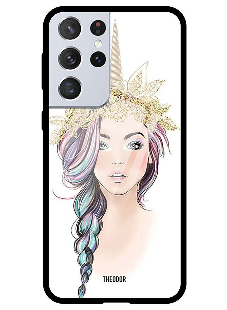 Theodor Protective Tempered Glass Case Cover Samsung Galaxy S21 ULTRA Golden Unicorn Girl - Image 1